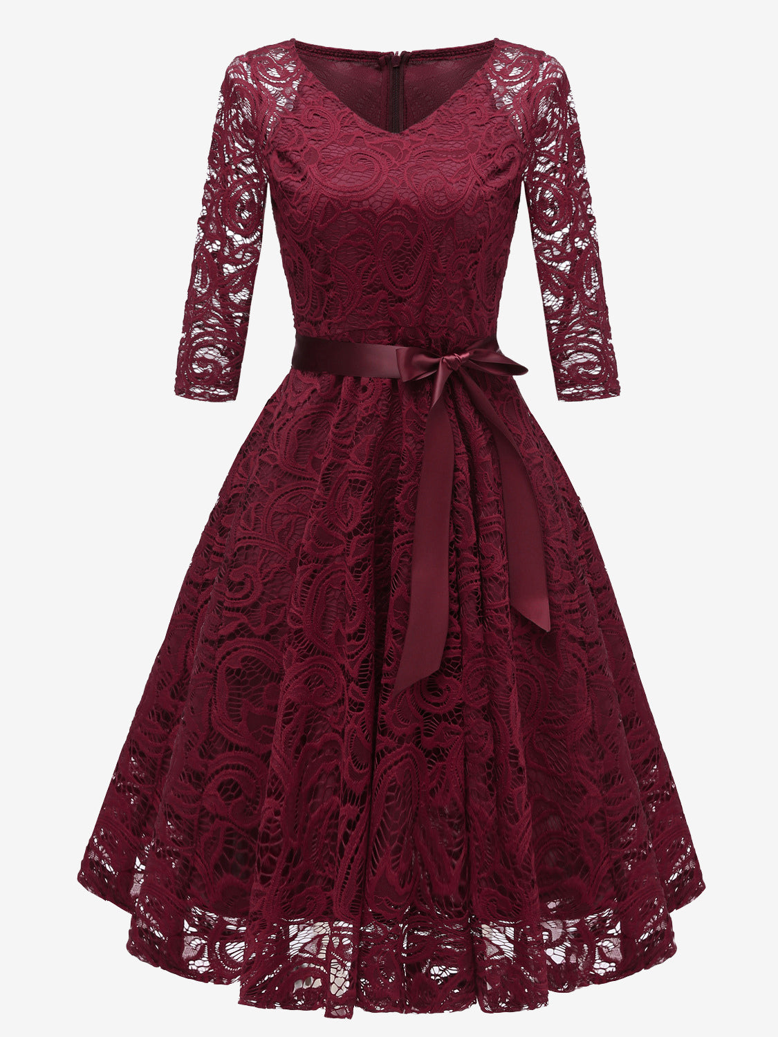 Vintage Lace Swing Dress for Women - 1950s V Neck 3/4 Sleeve Belted A-Line Midi Dress - Spring Wedding Guest 2026