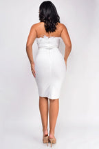 Feather Trim Strapless Corset Bodycon Midi Cocktail Dress