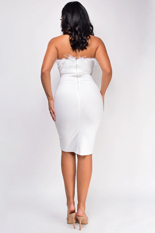 Feather Trim Strapless Corset Bodycon Midi Cocktail Dress
