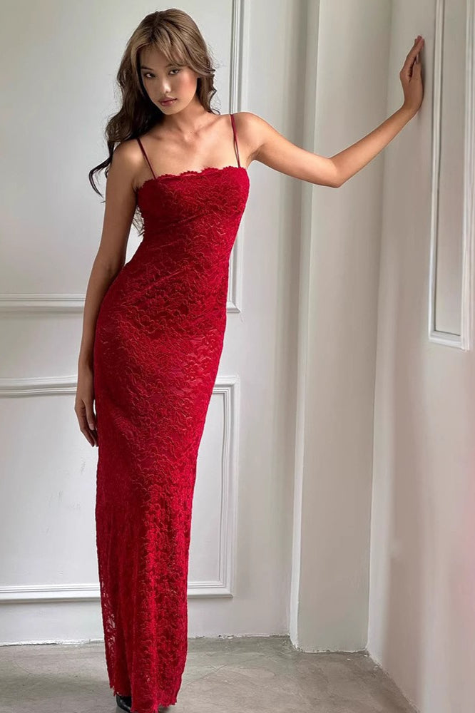 Floral Lace Scallop Trim Spaghetti Strap Bodycon Maxi Dress