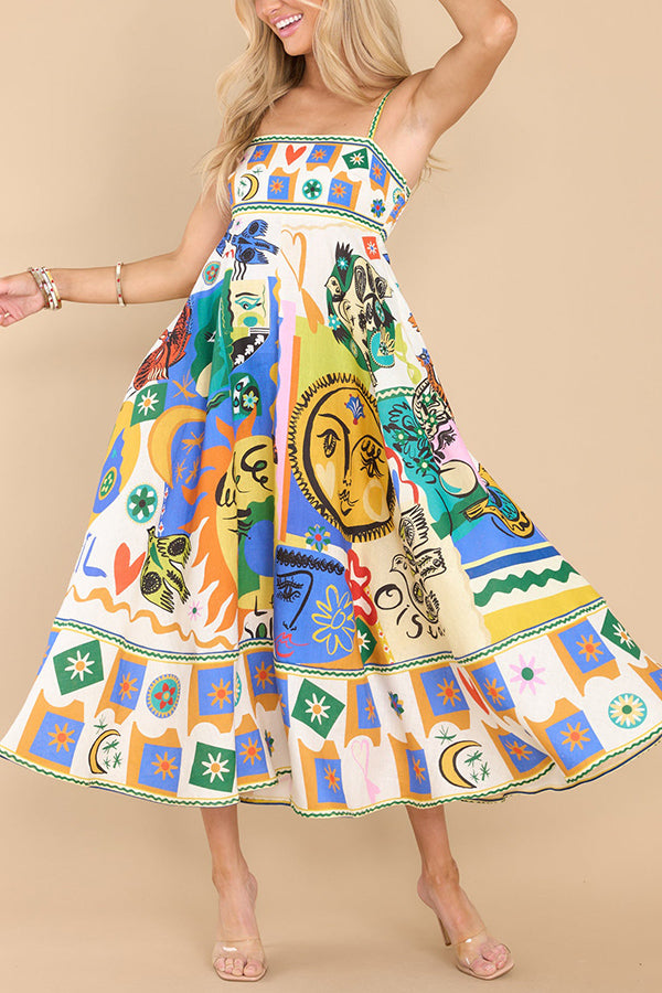 Graphic Print Square Neck Spaghetti Strap Pocket A-Line Maxi Dress