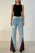 Stylish Attitude Denim Mid Rise Distressed Red Croc Hem Pocket Flare Jeans