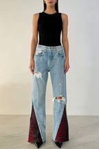 Stylish Attitude Denim Mid Rise Distressed Red Croc Hem Pocket Flare Jeans