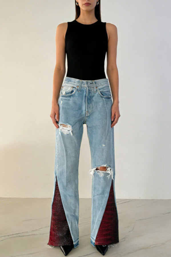 Stylish Attitude Denim Mid Rise Distressed Red Croc Hem Pocket Flare Jeans