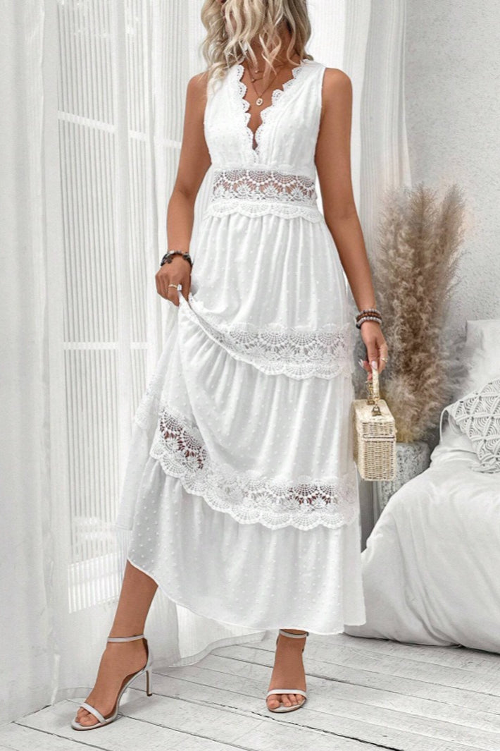 White Deep V Neck Swiss Dot Lace Panel Tiered Maxi Dress