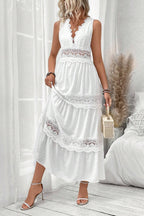 White Deep V Neck Swiss Dot Lace Panel Tiered Maxi Dress