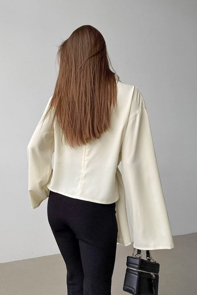 Chiffon Bell Sleeve Apricot Stand Collar Blouse