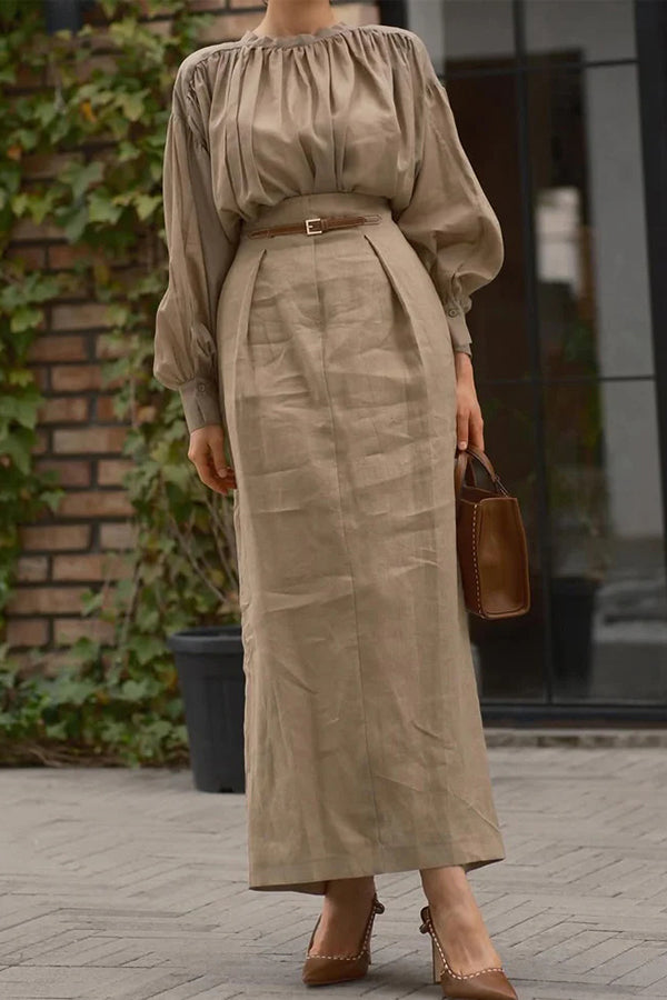 Solid Color Round Neck Long-sleeved Pleated Shirt and Elegant Maxi Skirt Set