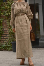 Solid Color Round Neck Long-sleeved Pleated Shirt and Elegant Maxi Skirt Set