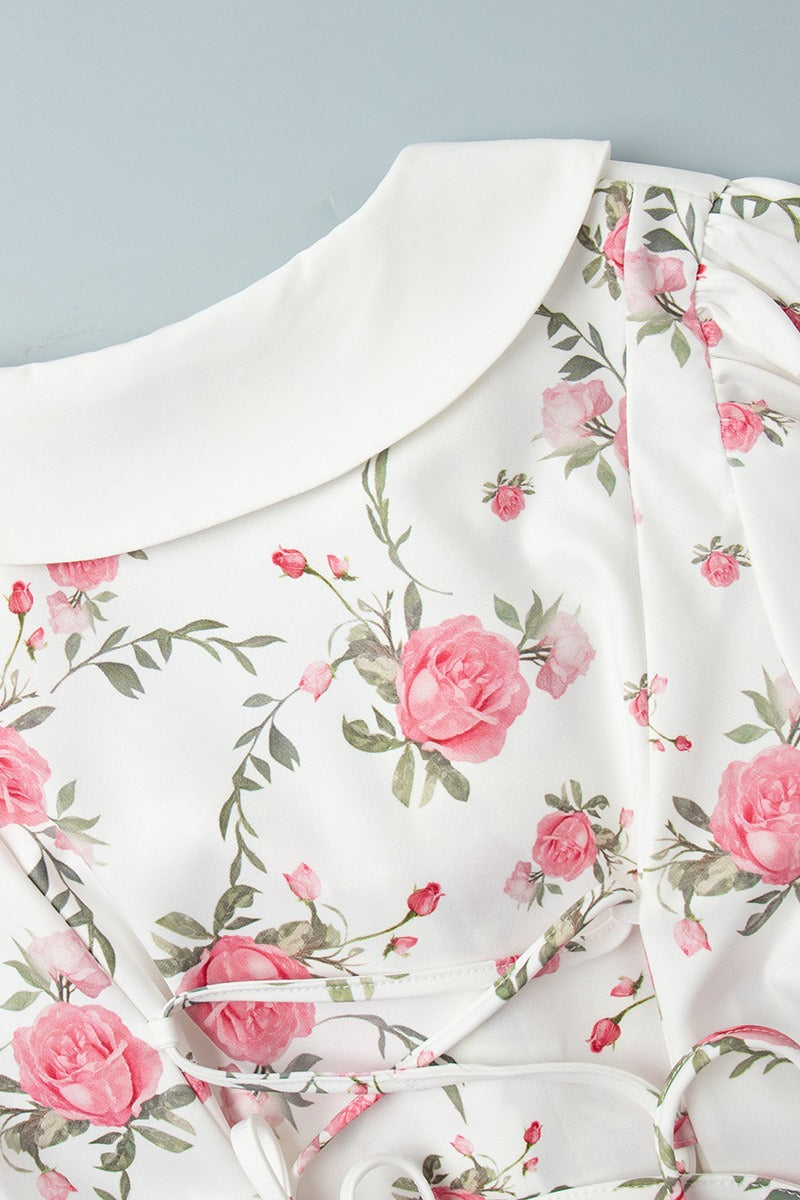 Oversized Collar Puff Sleeve Pearl Button Ruffle Tier Hem Floral Print Mini Dress