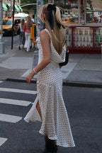 Polka Dot Spaghetti Strap Cowl Neck High Split Slip Maxi Dress