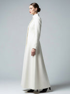 White Woolen Full-Length Coat With Stand Collar And A-Line Silhouette For Women 2026