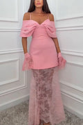 Cassie Bow Neck Off Shoulder Mini Dress and Lace Elastic Waist Maxi Skirt Set