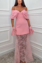 Cassie Bow Neck Off Shoulder Mini Dress and Lace Elastic Waist Maxi Skirt Set