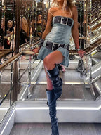 Vintage Denim Belted Bandeau Pleated Mini Dress