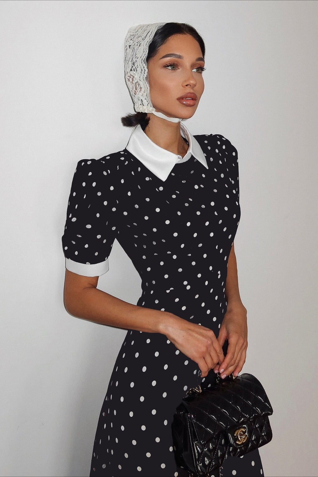 Polka Dot Pointed Collar Puff Sleeve Fit and Flare Midi Dress