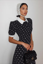 Polka Dot Pointed Collar Puff Sleeve Fit and Flare Midi Dress