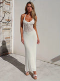 Halter Neck Deep V-Neck Open Knit Panel Rib Knit Maxi Dress