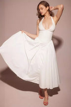 Halter Neck Deep V-Neck Drop Waist Fit and Flare Maxi Dress