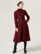 Woolen Flared Coat For Woman Stand Collar A-line Elegant Dark Navy Winter Midi Outerwear 2026