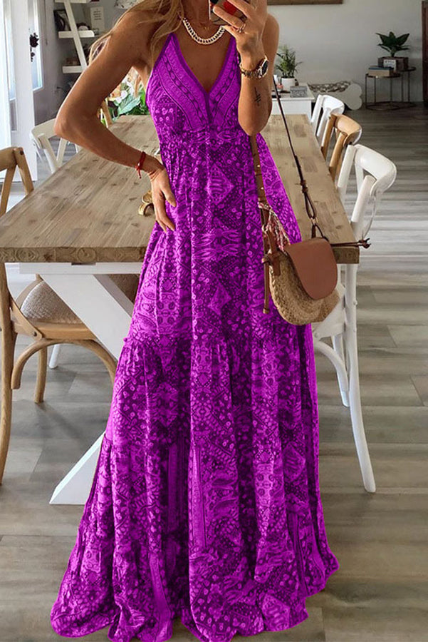 Paisley Print Deep V-Neck Spaghetti Strap Empire Waist Tiered Maxi Dress