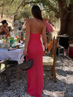 Crochet Knit 3D Floral Applique Halter Neck Mesh Maxi Dress
