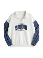 Denim Splice Letter Print Lapel Neck Oversized Hoodie