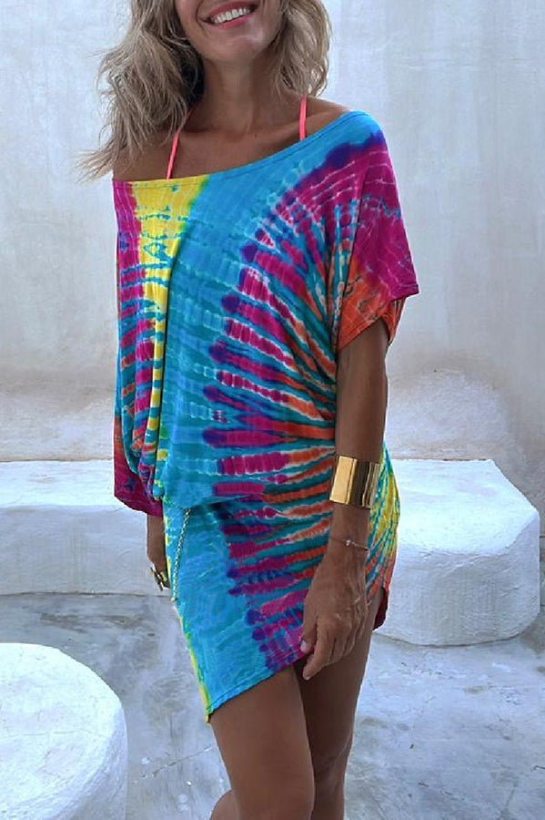 Tie Dye Batwing Sleeve Blouson Bodycon Mini Dress