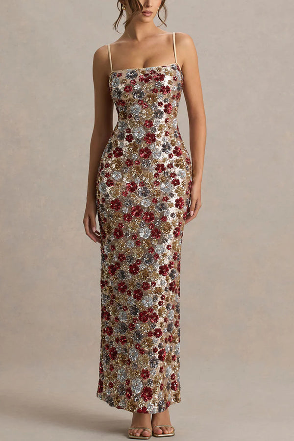 The Center of Attention Floral Print Sequin Square Neck Slip Stretch Maxi Dress