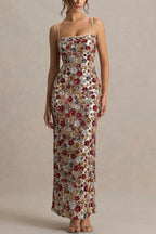 The Center of Attention Floral Print Sequin Square Neck Slip Stretch Maxi Dress