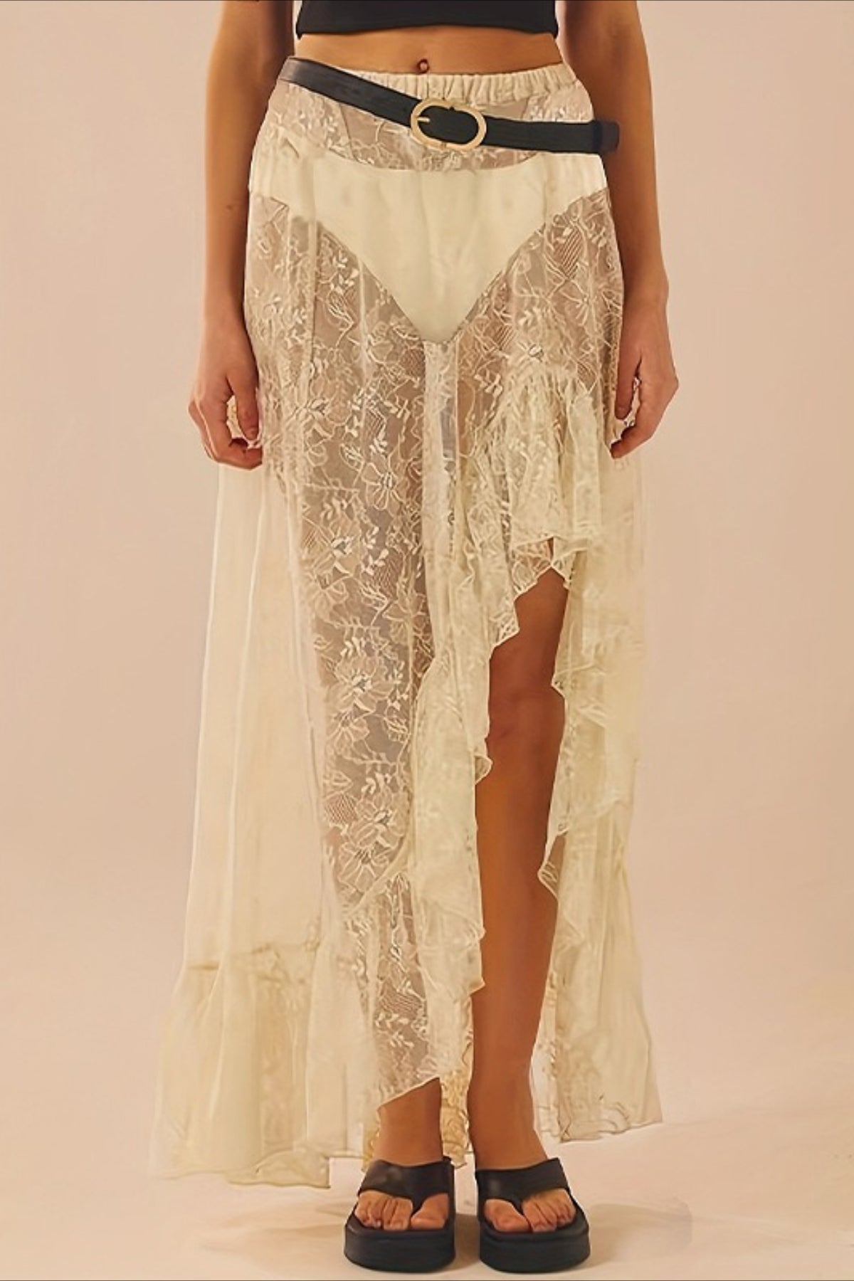 Lace Insert High Waist Slit Asymmetrical Midi Skirt