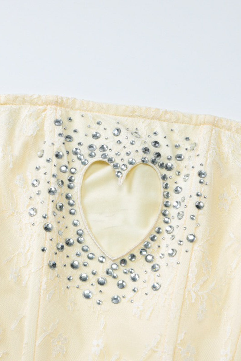 Strapless Rhinestone Cutout Heart Lace Bodycon Mini Dress