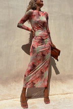 Abstract Tie Dye Print Ruched Side Slit Long Sleeve Midi Dress