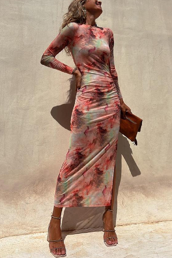 Abstract Tie Dye Print Ruched Side Slit Long Sleeve Midi Dress