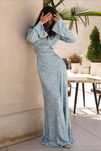 Deep V Neck Flared Sleeve Tiered Maxi Floral Print Dress