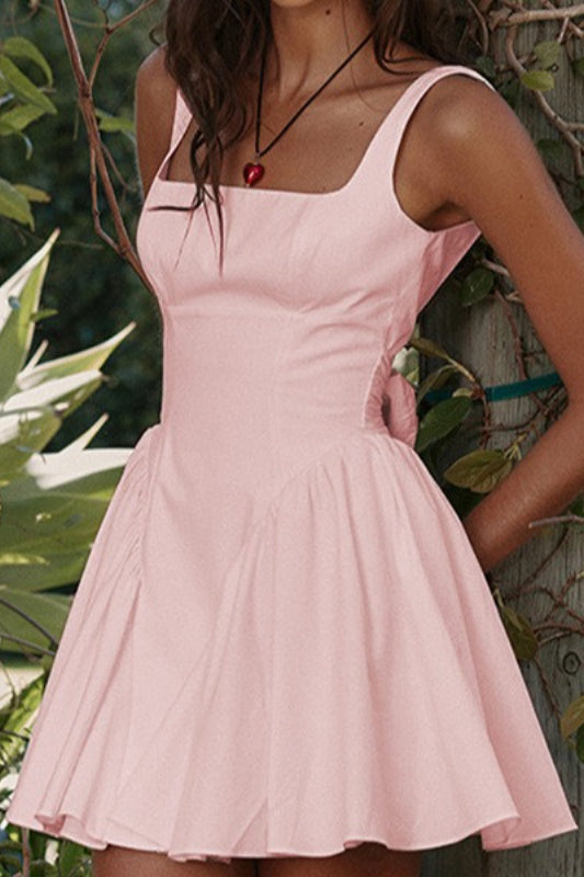 Square Neck Corset Basque Waist Bow Back Pleated Mini Dress