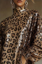 Stylish Leopard Print Sequined Turtleneck Long-sleeved Tassel Hem Loose Mini Dress