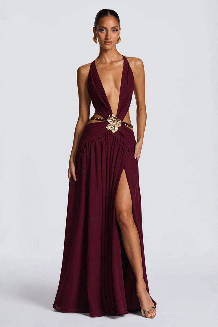 Plunging V Neck Halter Cut Out Waist Buckle High Slit Maxi Dress