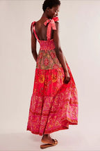 Smocked V Neck Bow Shoulder Strap Mixed Floral Tiered Maxi Dress