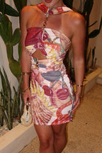 Red Halter Neck Chain Hardware Cutout Shell Print Bodycon Mini Dress