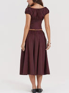 Solid Drawstring Puff Sleeve Cropped Tee & Midi Skirt Set