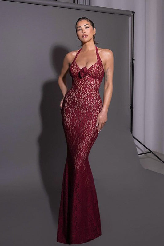Lace Halter Neck Deep V Neck Rosette Bust Mermaid Maxi Gown