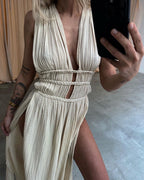 Chic slit braided lace-up cotton and linen dress