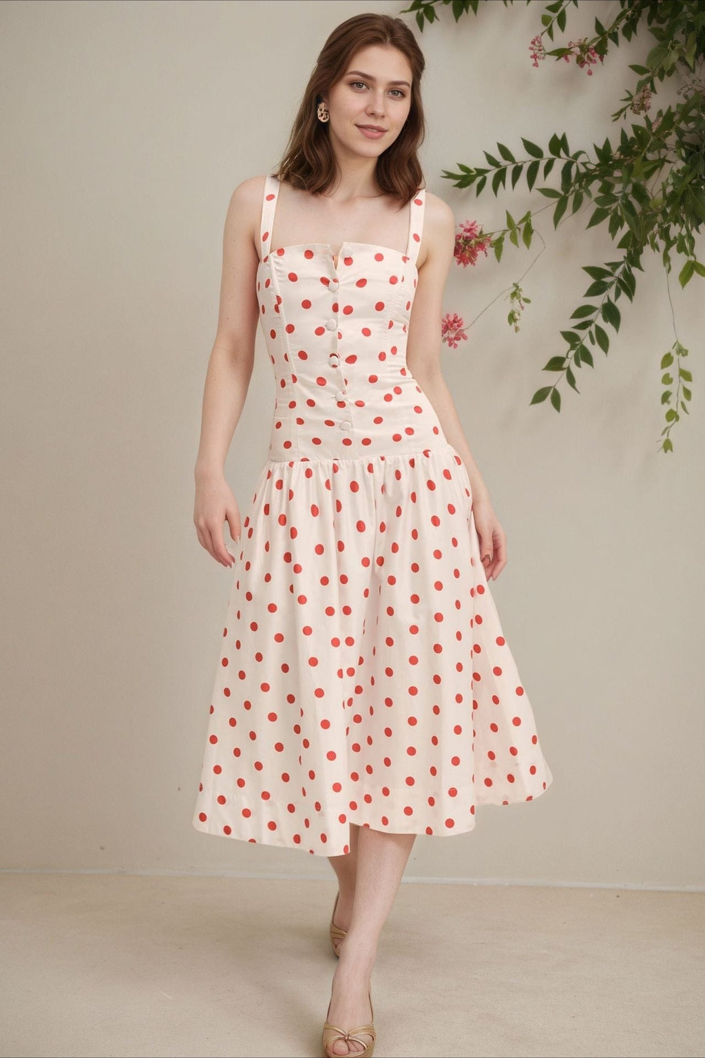 Polka Dot Square Neck Button Front Fit and Flare Midi Dress