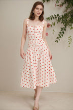 Polka Dot Square Neck Button Front Fit and Flare Midi Dress