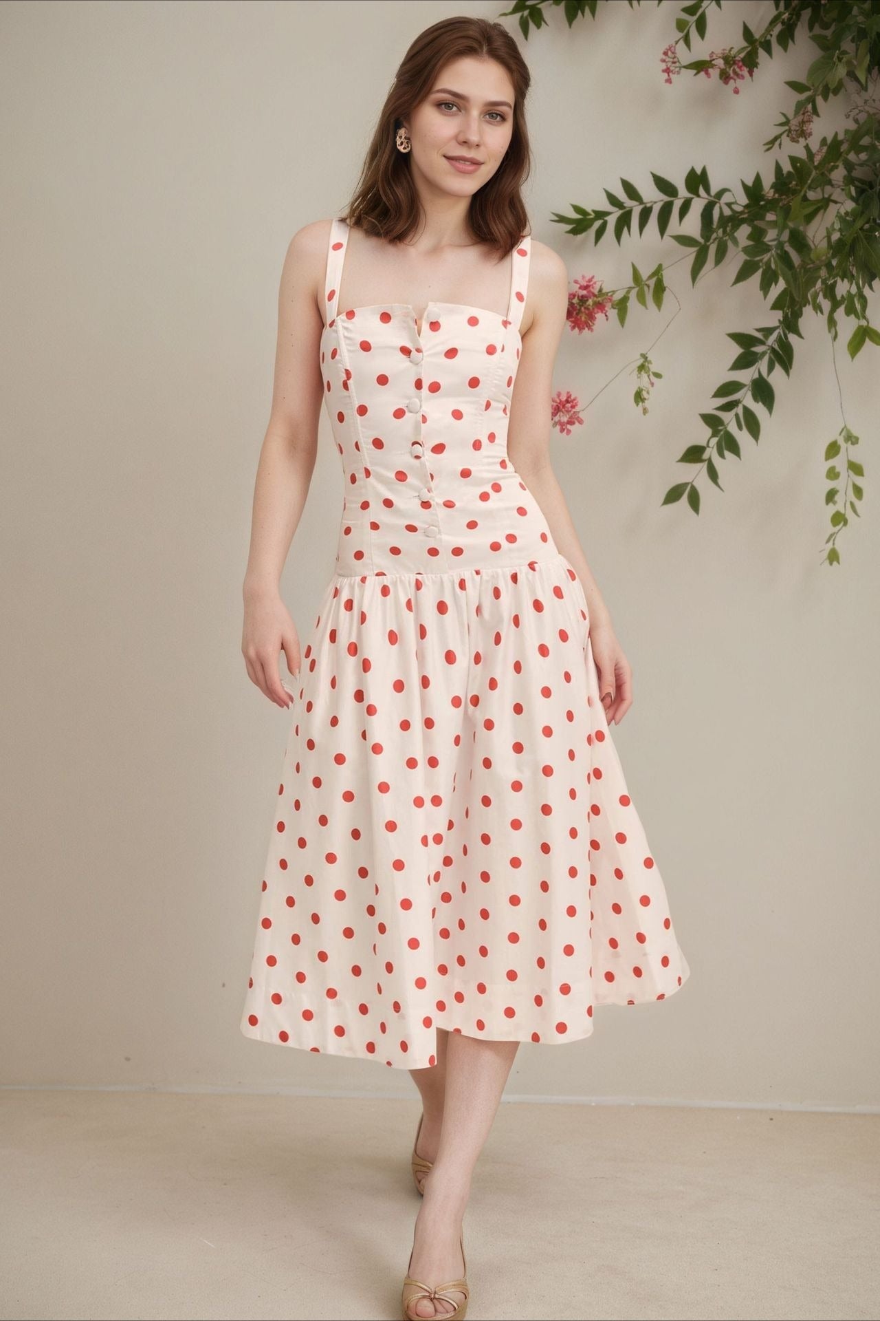Polka Dot Square Neck Button Front Fit and Flare Midi Dress