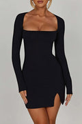 Sexy Square Neck Long Sleeve Slit Bodycon Dress