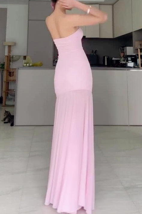 Strapless Sheer Mesh Overlay Bodycon Illusion Maxi Dress