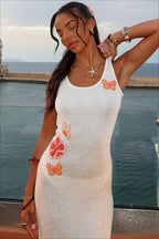 Scoop Neck Shell Starfish Beaded Applique Shimmer Rib Knit Bodycon Dress