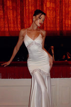 Satin Spaghetti Strap Deep V-Neck Lace Panel Mermaid Maxi Gown